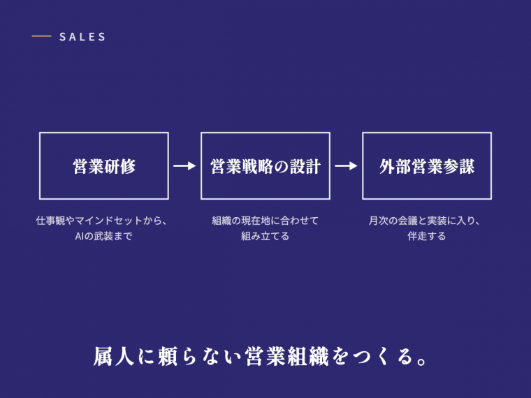 営業研修・営業戦略：営業研修、営業戦略の設計、外部営業参謀