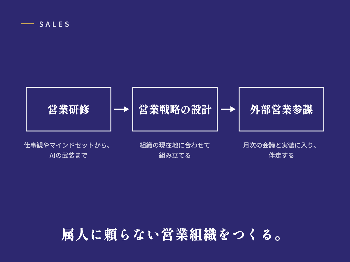 営業研修・営業戦略：営業研修、営業戦略の設計、外部営業参謀